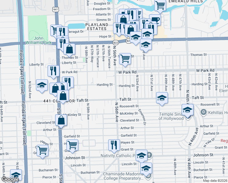 map of restaurants, bars, coffee shops, grocery stores, and more near 1840 North 56th Avenue in Hollywood