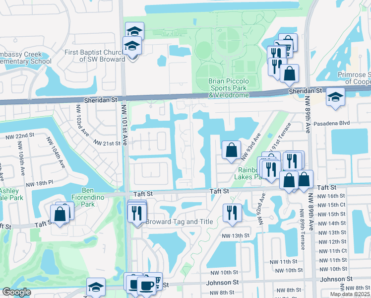 map of restaurants, bars, coffee shops, grocery stores, and more near 2110 Bayberry Drive in Pembroke Pines