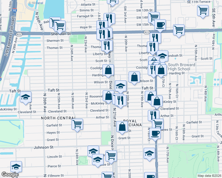 map of restaurants, bars, coffee shops, grocery stores, and more near Taft St & N Dixie Hwy in Hollywood