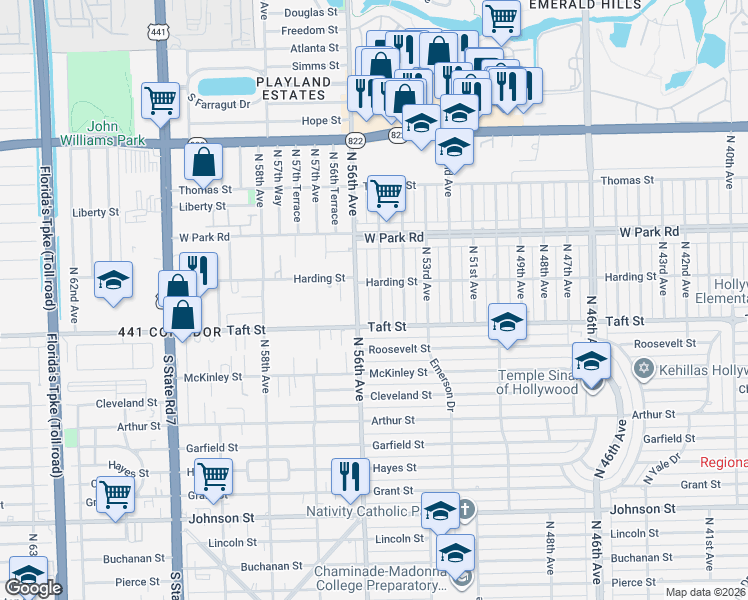 map of restaurants, bars, coffee shops, grocery stores, and more near 1825 North 55th Avenue in Hollywood