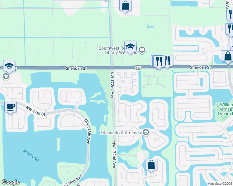 map of restaurants, bars, coffee shops, grocery stores, and more near 2198 Northwest 171st Terrace in Pembroke Pines