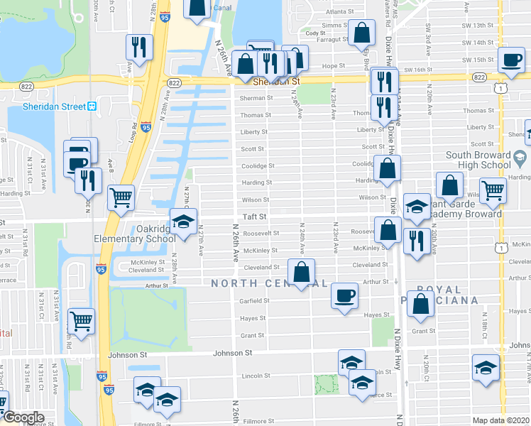 map of restaurants, bars, coffee shops, grocery stores, and more near 2446 Wilson Street in Hollywood
