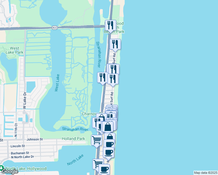 map of restaurants, bars, coffee shops, grocery stores, and more near 2400 North Surf Road in Hollywood