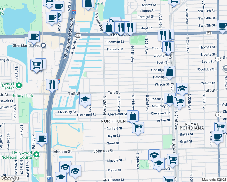 map of restaurants, bars, coffee shops, grocery stores, and more near 2519 Taft Street in Hollywood