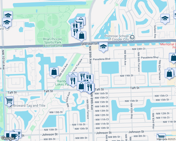 map of restaurants, bars, coffee shops, grocery stores, and more near 8966 Northwest 21st Street in Pembroke Pines