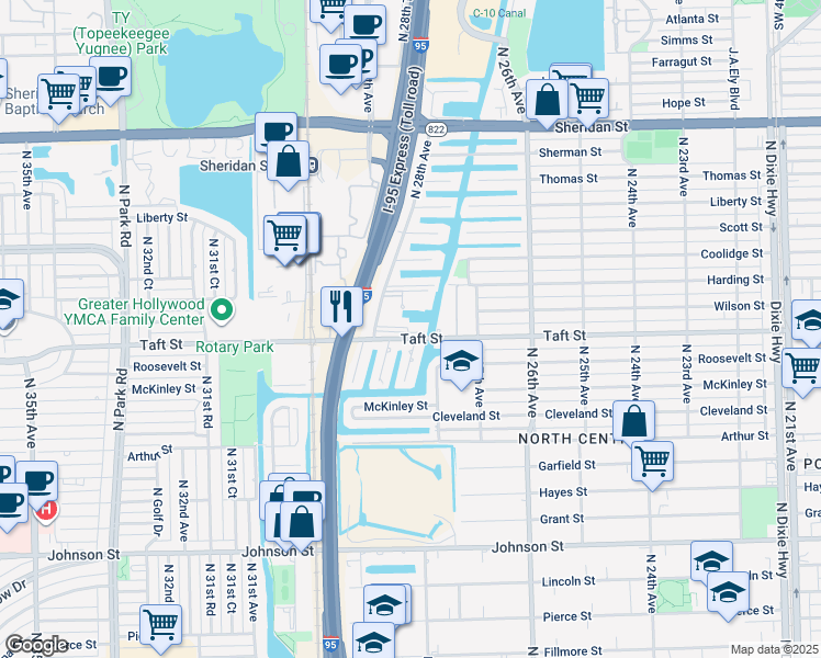 map of restaurants, bars, coffee shops, grocery stores, and more near 2761 Taft Street in Hollywood