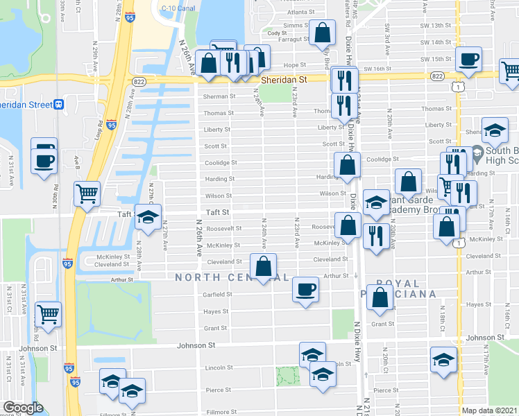 map of restaurants, bars, coffee shops, grocery stores, and more near 1710 North 24th Avenue in Hollywood