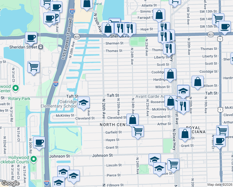 map of restaurants, bars, coffee shops, grocery stores, and more near 2446 Wilson Street in Hollywood