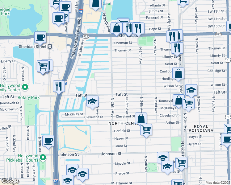 map of restaurants, bars, coffee shops, grocery stores, and more near 2526 Wilson Street in Hollywood