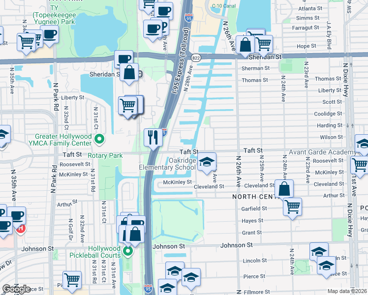 map of restaurants, bars, coffee shops, grocery stores, and more near 2761 Taft Street in Hollywood