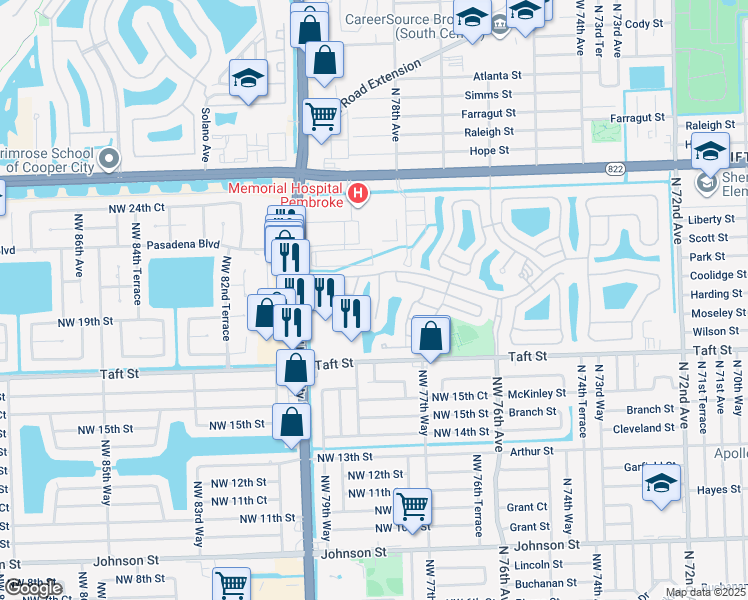 map of restaurants, bars, coffee shops, grocery stores, and more near 1808 Northwest 78th Way in Pembroke Pines