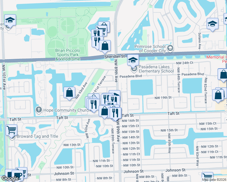 map of restaurants, bars, coffee shops, grocery stores, and more near 8966 Northwest 21st Street in Pembroke Pines