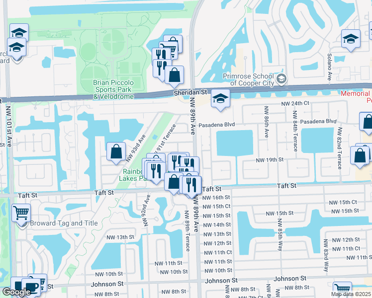 map of restaurants, bars, coffee shops, grocery stores, and more near 8966 Northwest 21st Street in Pembroke Pines