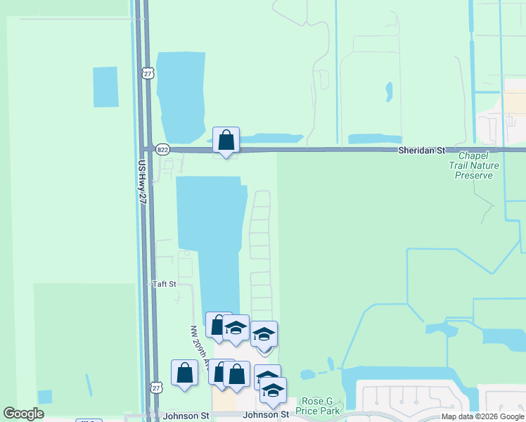 map of restaurants, bars, coffee shops, grocery stores, and more near 2203 Northwest 208th Terrace in Pembroke Pines