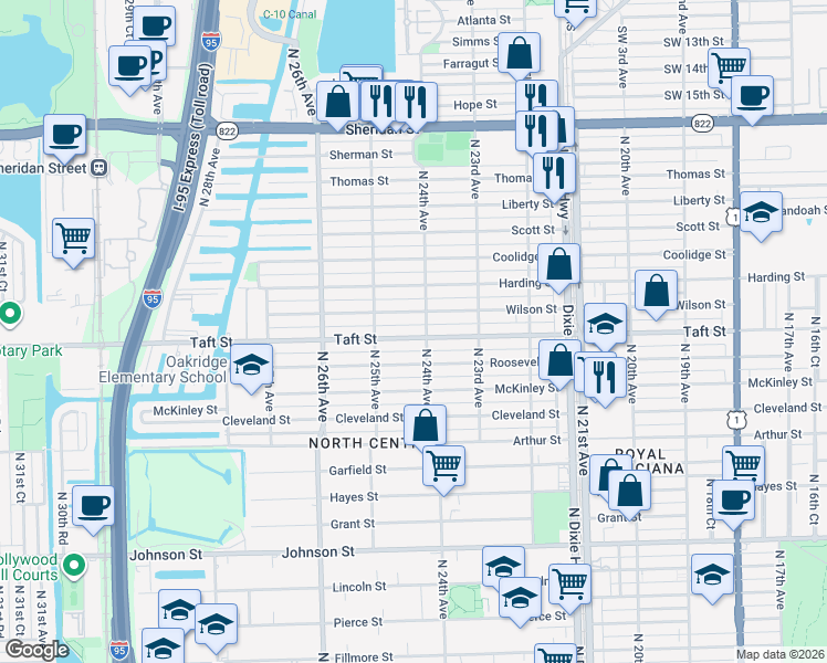 map of restaurants, bars, coffee shops, grocery stores, and more near 1710 North 24th Avenue in Hollywood