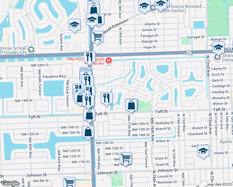 map of restaurants, bars, coffee shops, grocery stores, and more near 1723 Northwest 78th Way in Pembroke Pines