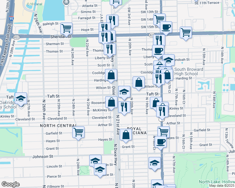map of restaurants, bars, coffee shops, grocery stores, and more near 1715 North 21st Avenue in Hollywood