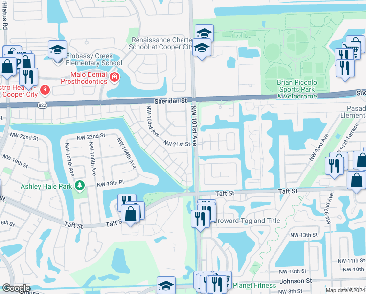 map of restaurants, bars, coffee shops, grocery stores, and more near 10118 Northwest 21st Street in Pembroke Pines