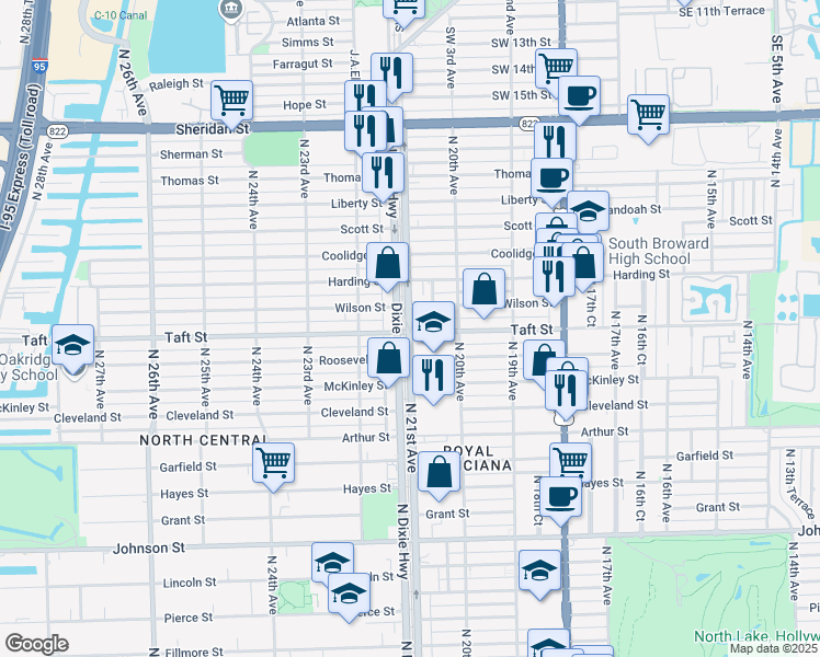 map of restaurants, bars, coffee shops, grocery stores, and more near 2057 Taft Street in Hollywood