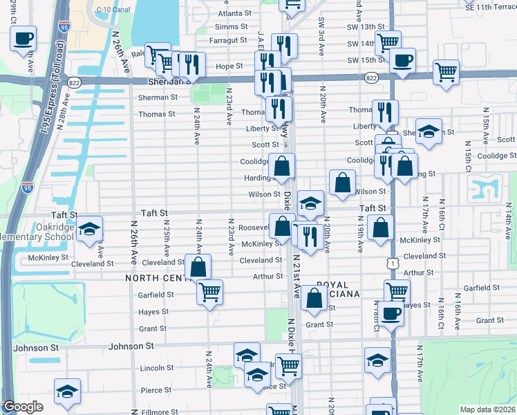 map of restaurants, bars, coffee shops, grocery stores, and more near 1709 North 22nd Avenue in Hollywood