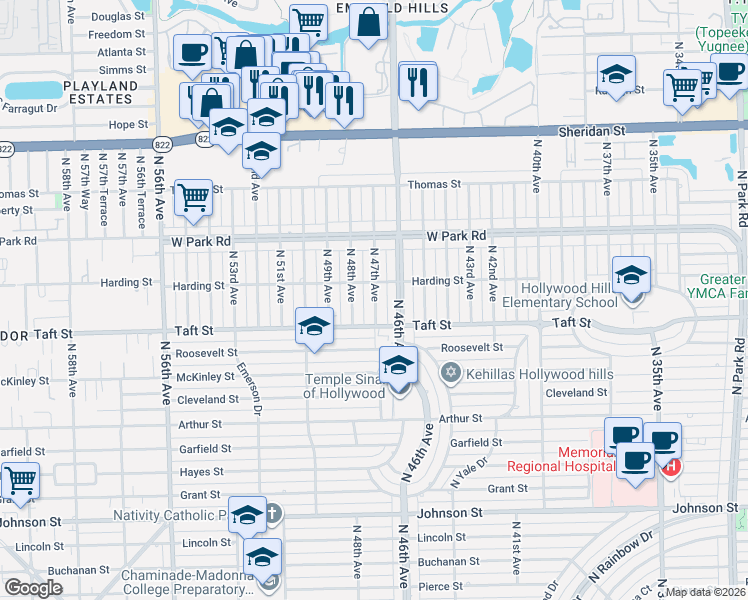 map of restaurants, bars, coffee shops, grocery stores, and more near 1820 North 47th Avenue in Hollywood