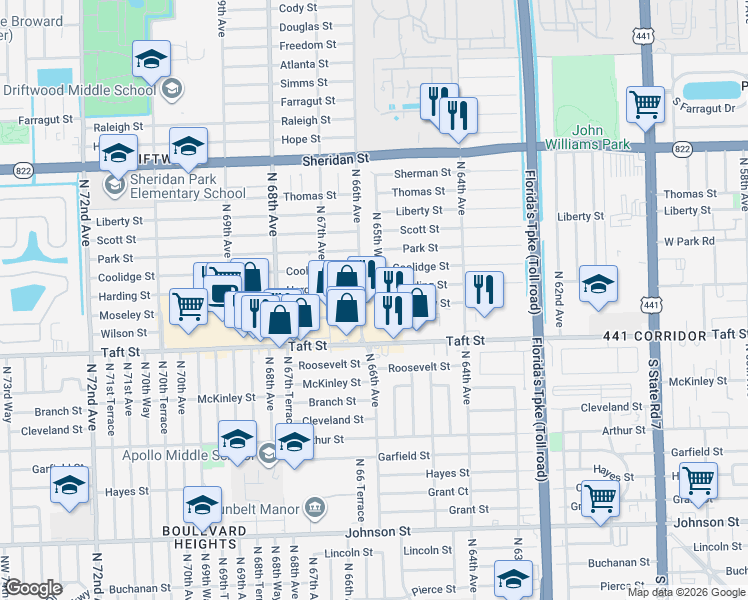 map of restaurants, bars, coffee shops, grocery stores, and more near 1918 North 65th Way in Hollywood