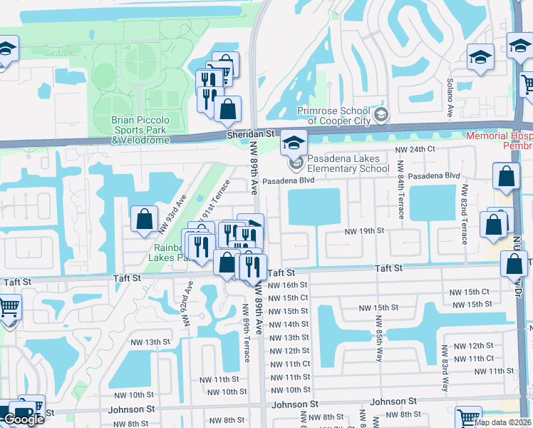 map of restaurants, bars, coffee shops, grocery stores, and more near 2011 Northwest 88th Way in Pembroke Pines