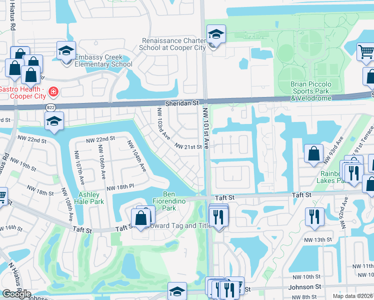 map of restaurants, bars, coffee shops, grocery stores, and more near 10118 Northwest 21st Street in Pembroke Pines