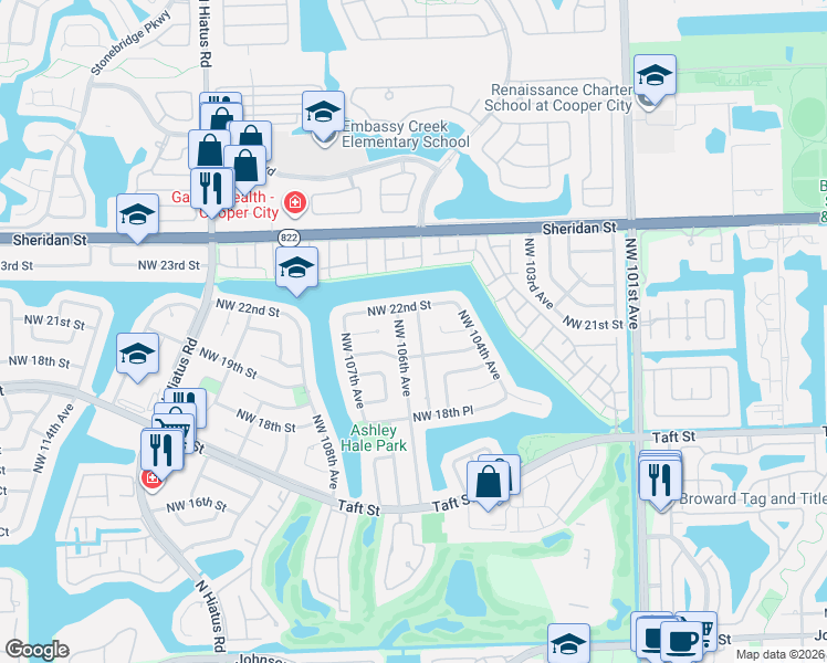 map of restaurants, bars, coffee shops, grocery stores, and more near 2110 Northwest 105th Terrace in Pembroke Pines