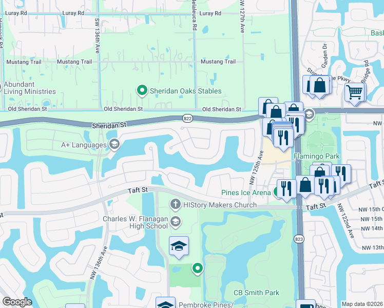map of restaurants, bars, coffee shops, grocery stores, and more near 2020 Northwest 129th Terrace in Pembroke Pines