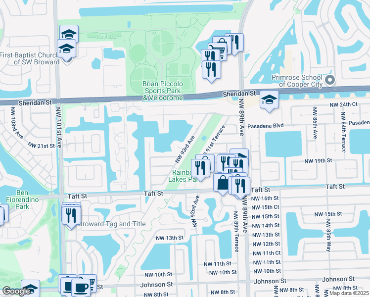 map of restaurants, bars, coffee shops, grocery stores, and more near 2040 Northwest 93rd Avenue in Pembroke Pines