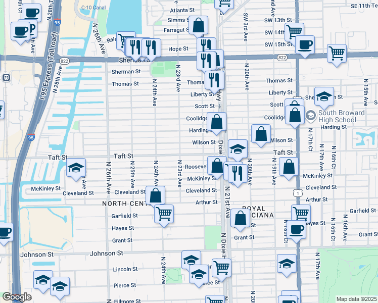 map of restaurants, bars, coffee shops, grocery stores, and more near 2229 Taft Street in Hollywood