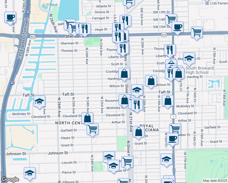 map of restaurants, bars, coffee shops, grocery stores, and more near 1709 North 22nd Avenue in Hollywood