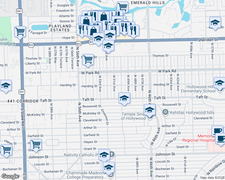 map of restaurants, bars, coffee shops, grocery stores, and more near 1821 North 52nd Avenue in Hollywood