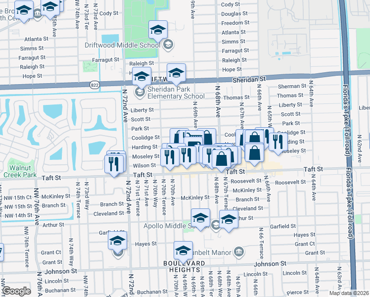 map of restaurants, bars, coffee shops, grocery stores, and more near 6940 Harding Street in Hollywood