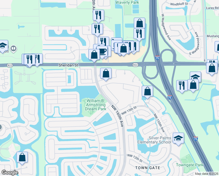 map of restaurants, bars, coffee shops, grocery stores, and more near 1588 Northwest 159th Avenue in Pembroke Pines