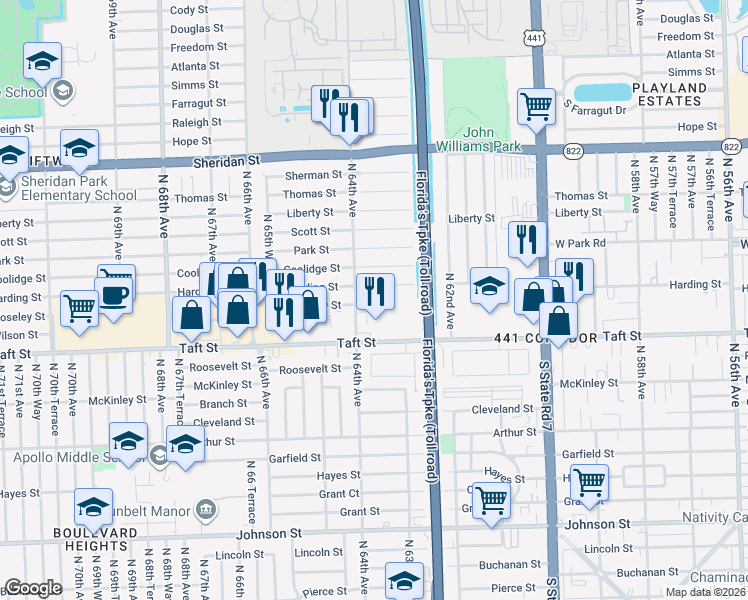 map of restaurants, bars, coffee shops, grocery stores, and more near 6361 Moseley Street in Hollywood