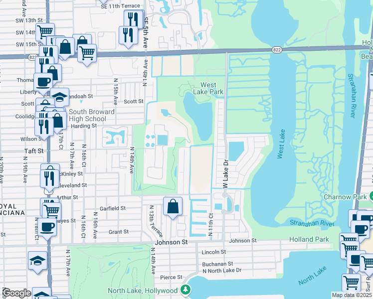 map of restaurants, bars, coffee shops, grocery stores, and more near 1555 North 12th Court in Hollywood