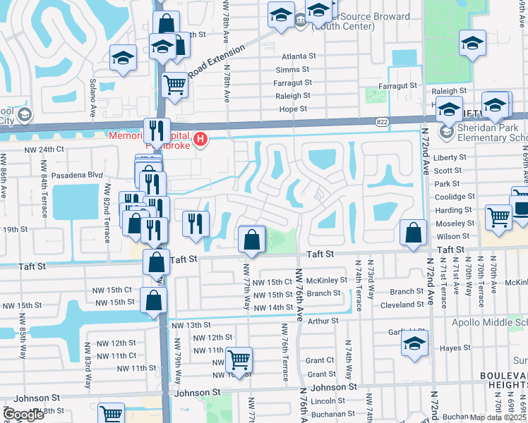 map of restaurants, bars, coffee shops, grocery stores, and more near 17 Hidden Court Road in Pembroke Pines