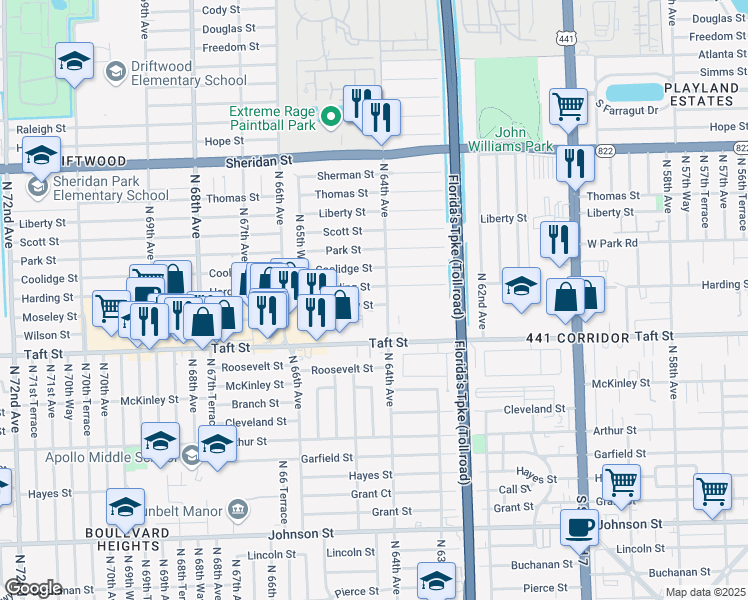 map of restaurants, bars, coffee shops, grocery stores, and more near 6421 Moseley Street in Hollywood