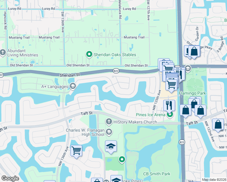 map of restaurants, bars, coffee shops, grocery stores, and more near 2020 Northwest 129th Terrace in Pembroke Pines