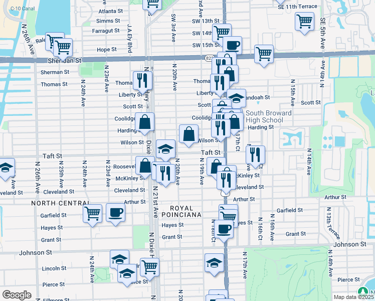 map of restaurants, bars, coffee shops, grocery stores, and more near 1927 Taft Street in Hollywood