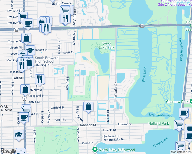 map of restaurants, bars, coffee shops, grocery stores, and more near 1555 North 12th Court in Hollywood