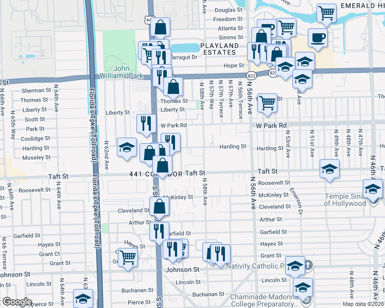 map of restaurants, bars, coffee shops, grocery stores, and more near 5819 Moseley Street in Hollywood