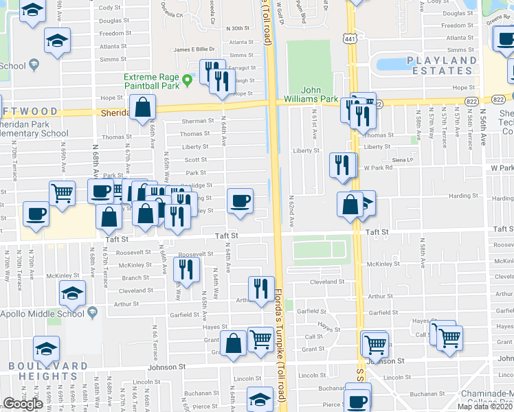 map of restaurants, bars, coffee shops, grocery stores, and more near 6281 Moseley Street in Hollywood