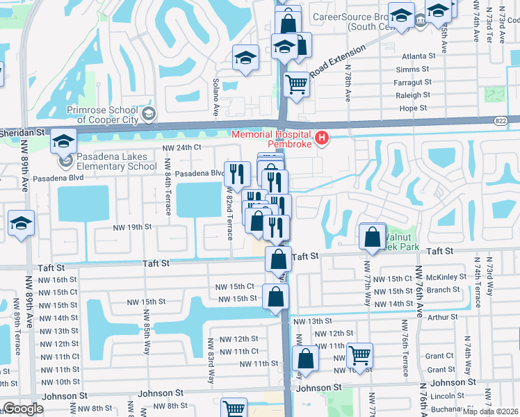 map of restaurants, bars, coffee shops, grocery stores, and more near 2041 Northwest 81st Avenue in Pembroke Pines