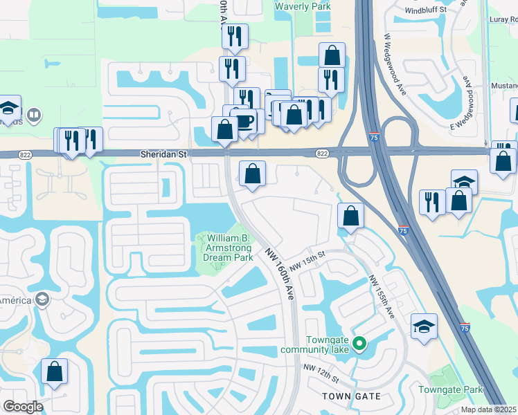 map of restaurants, bars, coffee shops, grocery stores, and more near 1588 Northwest 159th Avenue in Pembroke Pines