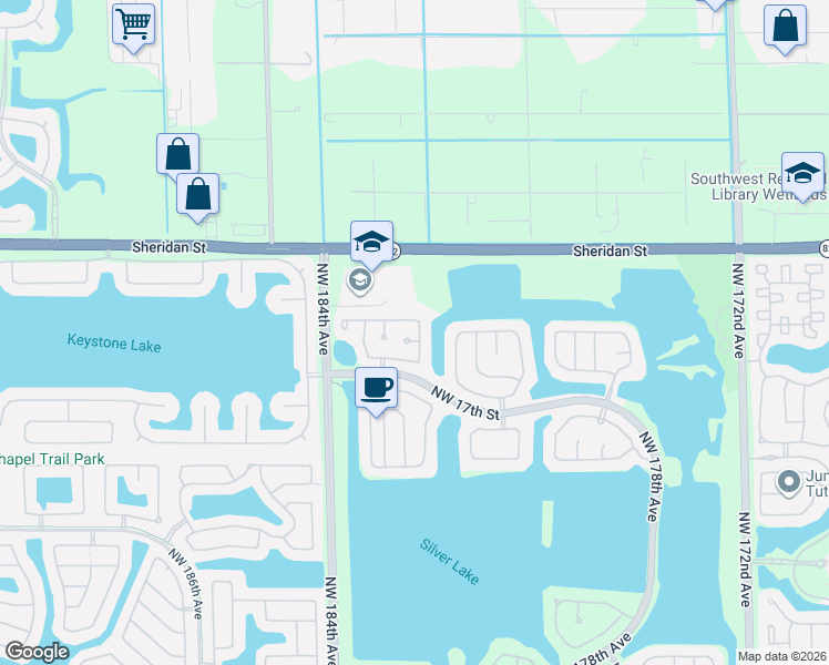 map of restaurants, bars, coffee shops, grocery stores, and more near 2021 Northwest 182nd Terrace in Pembroke Pines