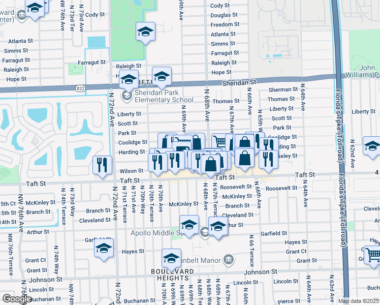 map of restaurants, bars, coffee shops, grocery stores, and more near 6880 Harding Street in Hollywood