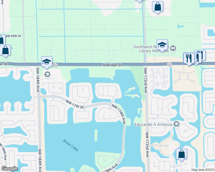map of restaurants, bars, coffee shops, grocery stores, and more near 17897 Northwest 21st Street in Pembroke Pines